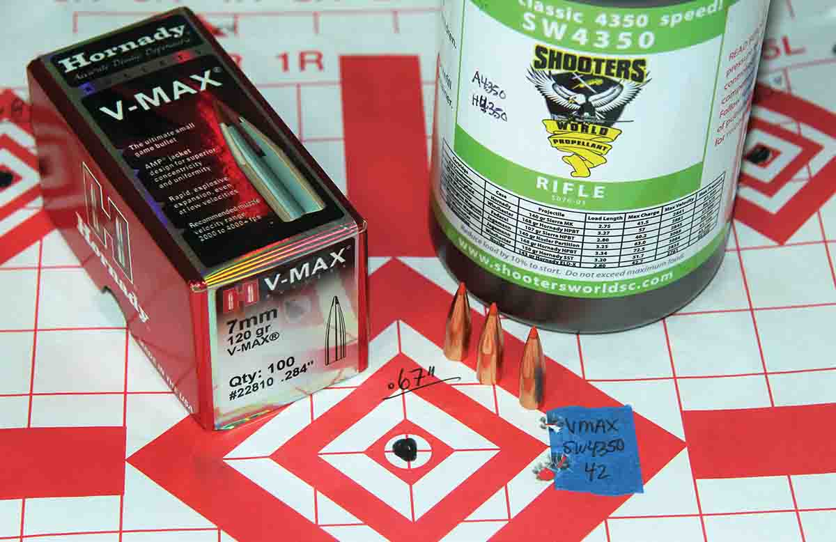 Hornady’s 120-grain V-MAX produced this .67-inch, three-shot, 100-yard group when paired with 42 grains of Shooters World 4350 at a slow 2,244 fps.